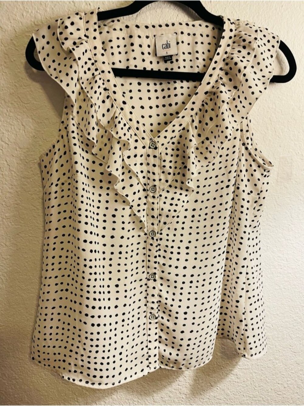 CAbi White & Black Polka Dot Ruffle V-Neck Sleeveless Top